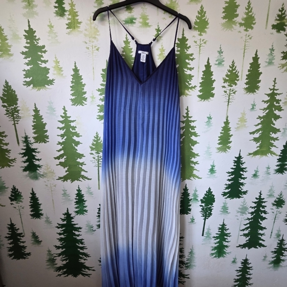 Blue and White Ombré Striped Maxi Pleaded Dress